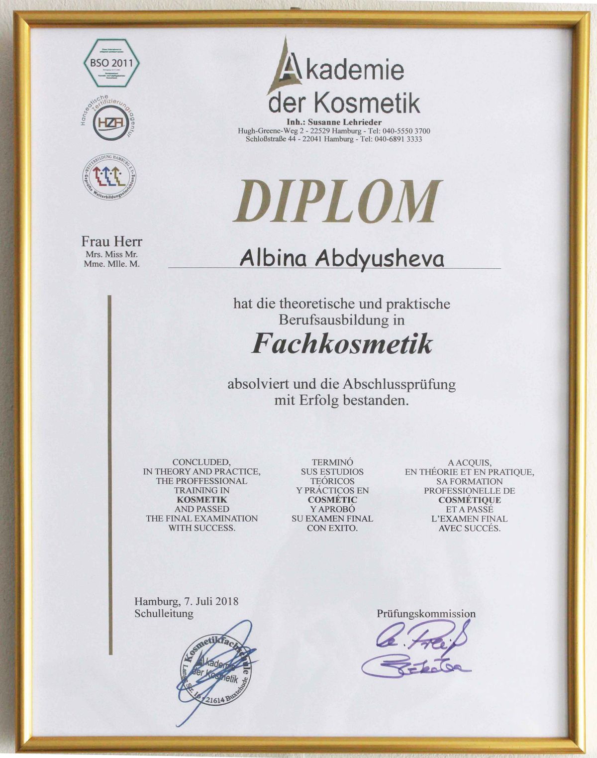 Zertifikat 16 von PROMI Kosmetikstudio