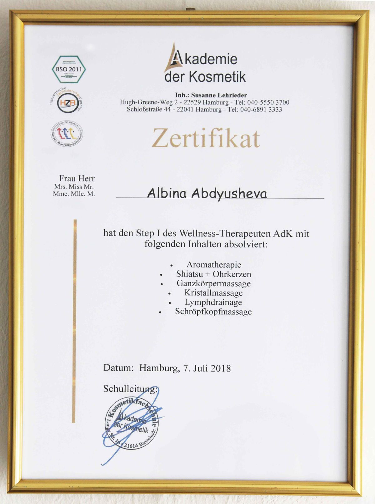 Zertifikat 20 von PROMI Kosmetikstudio