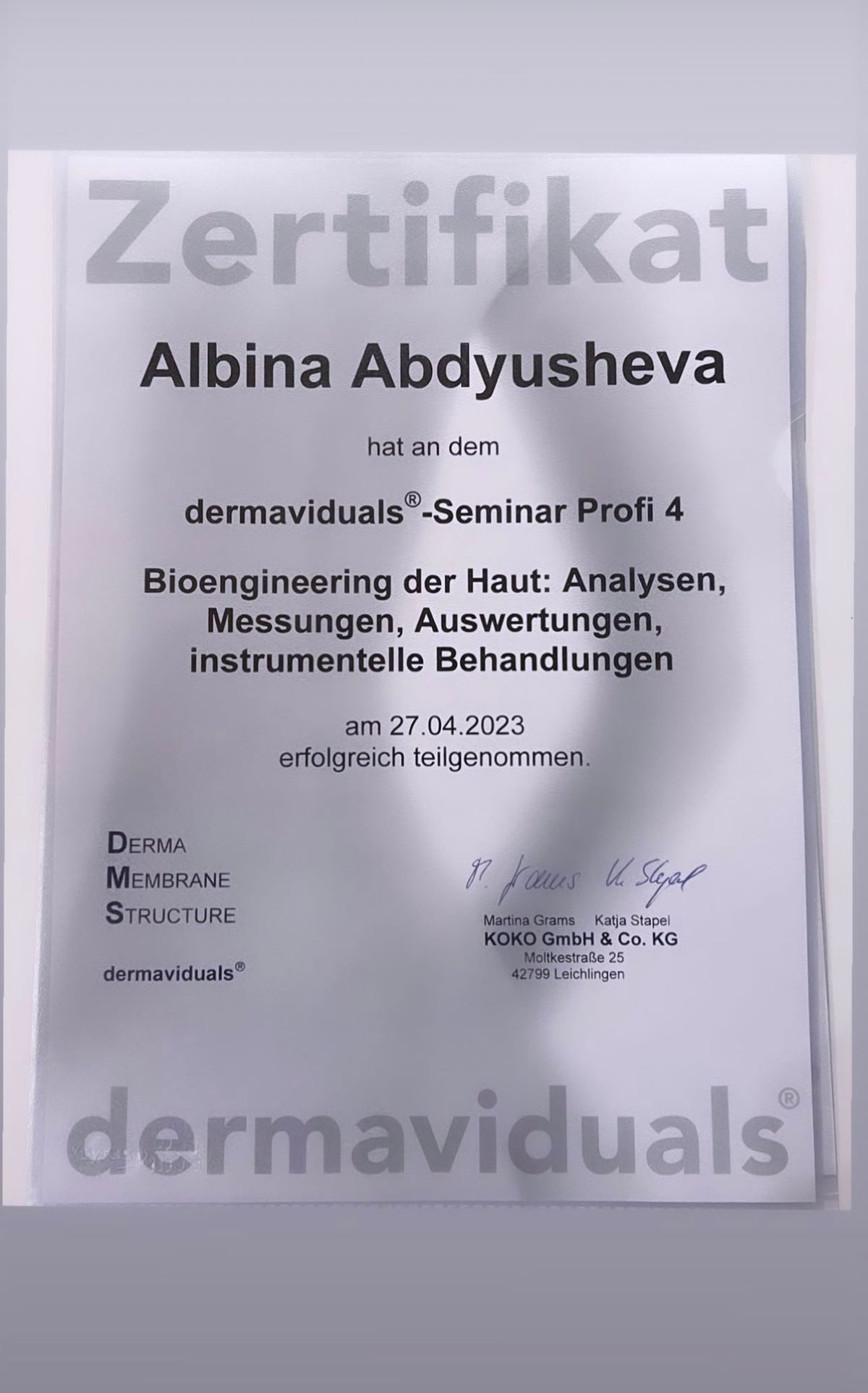 Zertifikat 30 von PROMI Kosmetikstudio